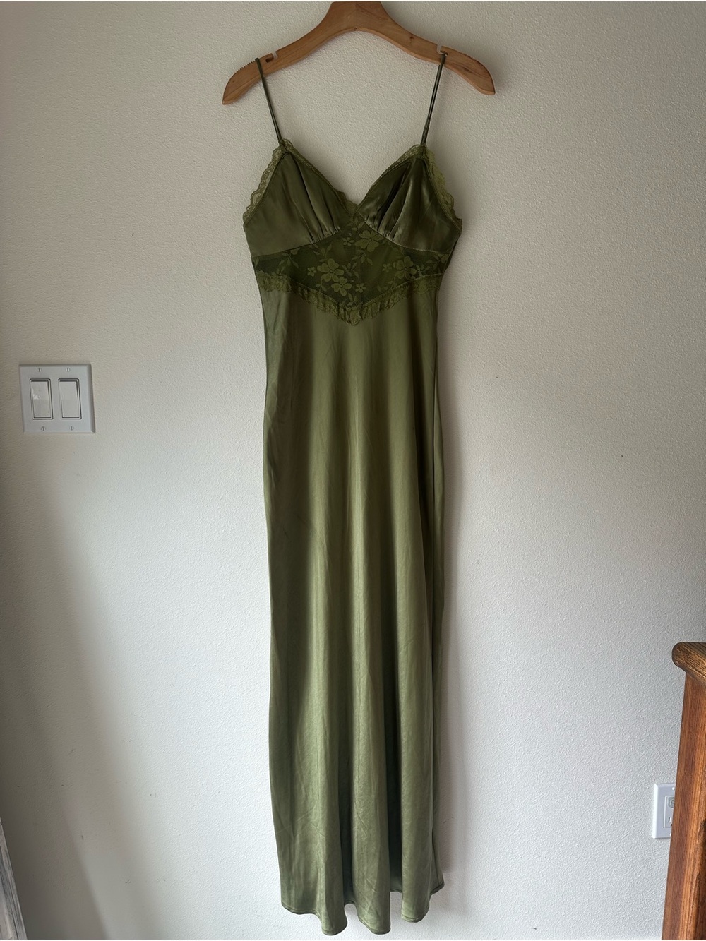 Saints & Secrets Olive Green Satin Lace Maxi Dress NWT Size M